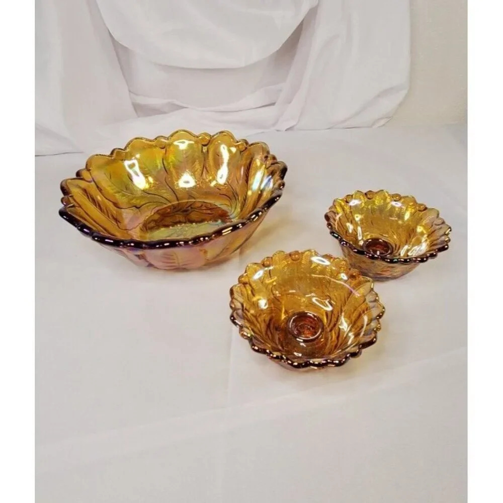 Vtg Indiana Glass Iridescent Gold Carnival Glass #1211 3pc Console Set Footed - Picture 5 of 13